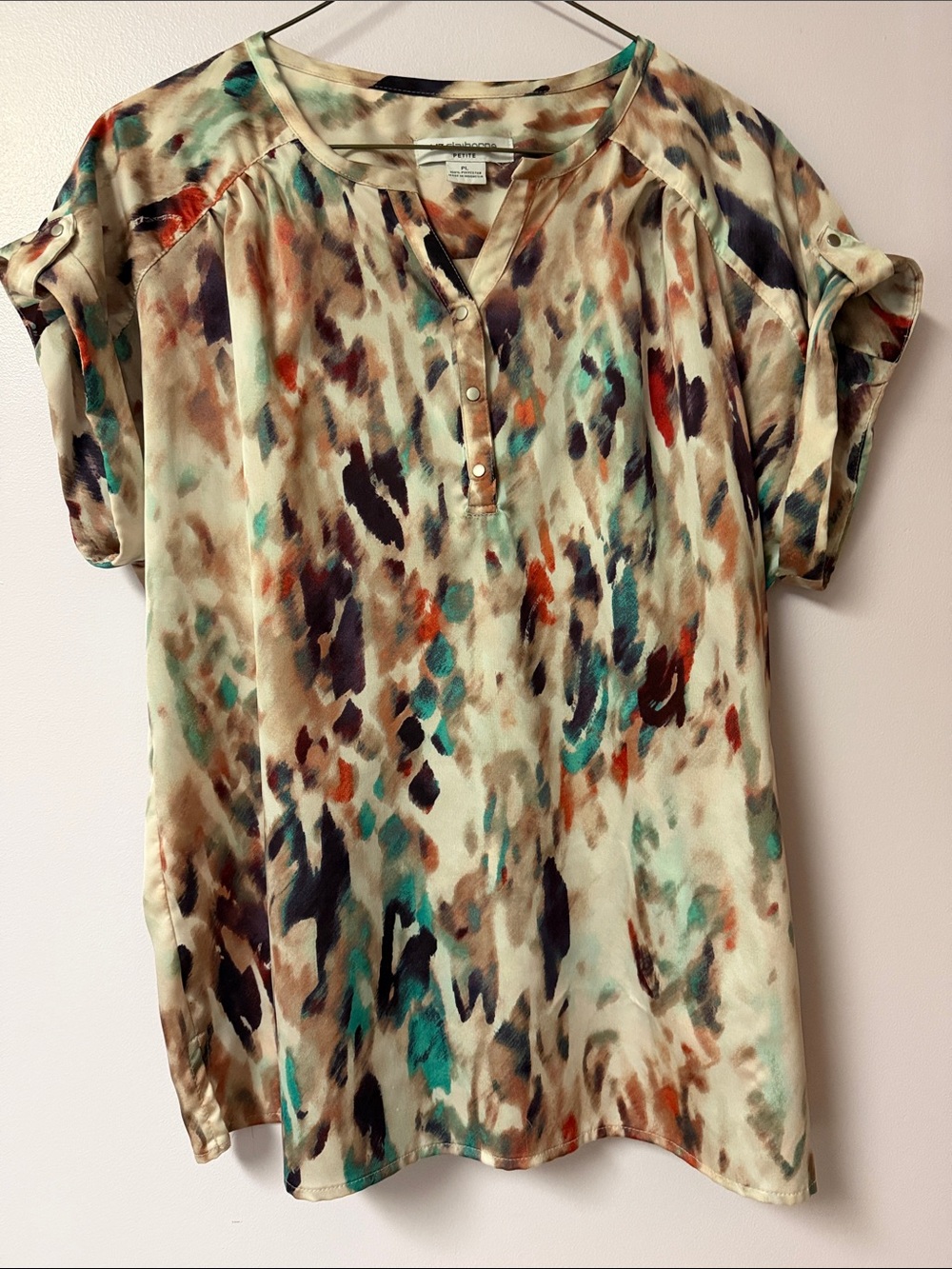 Liz Claiborne Multicolor Watercolor Abstract Print V-Neck Blouse